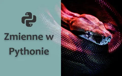 Logo Pythona i tekst "Zmienne w Pythonie". Obok wąż w czerwonych i fioletowych barwach, symbolizujący zmienne globalne python.