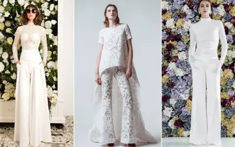 Tres novias con pantalón blanco, una con encaje y gafas de sol, otra con un diseño asimétrico y la tercera con cuello alto y fondo floral.