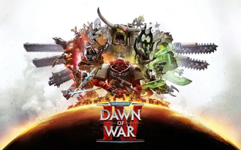 Un marine espacial rojo, un orco gigante y otras unidades de Warhammer 40,000 se alzan sobre un planeta en el arte de Dawn of War 4.