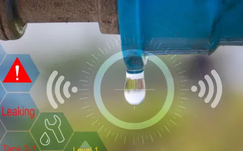 A water pipe is leaking, detected by no code IoT sensors. A warning icon and "Leaking" text are displayed.