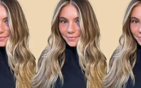 Mujer con cabello rubio sucio, ondas suaves y mechones rubios más claros.