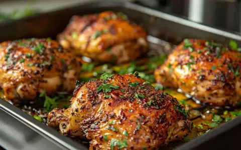 Quatre morceaux de blanc de poulet rôtis, dorés et juteux, parsemés de persil frais. Une recette simple et savoureuse.
