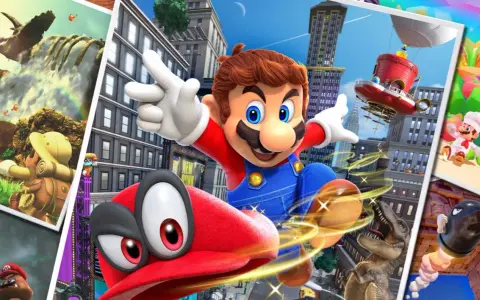 Mario salta en la ciudad, con su gorra Cappy y un dinosaurio. Un collage muestra escenas de Super Mario Odyssey, tu guía definitiva.