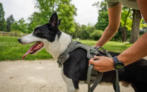 Un chien noir et blanc, la langue pendante, porte un harnais vert olive. Une personne ajuste la laisse. Quel harnais pour chien est parfait pour cette promenade !