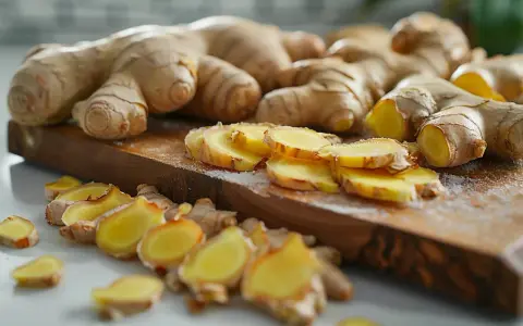 Des racines de gingembre entières et tranchées sur une planche en bois, évoquant les nombreux bienfaits du gingembre pour la santé.