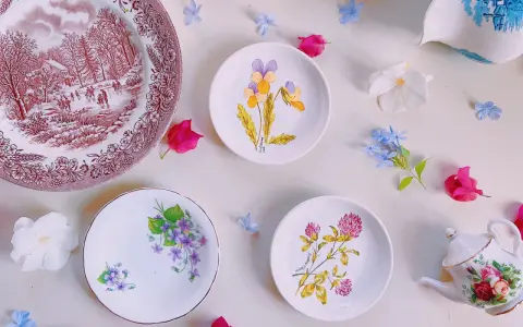 Assiette ancienne avec scène d'hiver, petites assiettes fleuries et théière décorée, signature porcelaine de Paris.