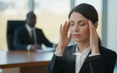Kobieta zamyka oczy, masując skronie. Zastanawia się, dlaczego szef mnie unika, podczas gdy on siedzi w tle.