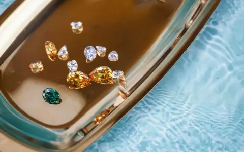 Un singolo zaffiro accento verde smeraldo risalta tra diamanti e pietre color miele su un vassoio dorato, riflettendo la luce.