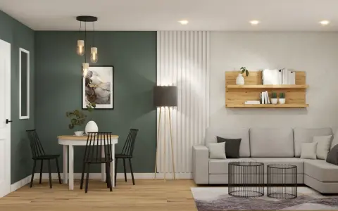 Nowoczesne oświetlenie salonu z jadalnią aranżacje: wisząca lampa nad stołem, stojąca lampa przy kanapie i dyskretne światła sufitowe tworzą przytulną atmosferę.