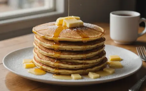 Pile de pancakes dorés arrosés de sirop et garnis de beurre, saupoudrés de sucre glace. Un délice pour le petit-déjeuner.