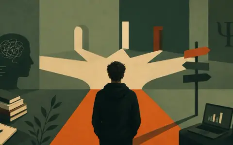 Młody człowiek stoi na rozdrożu, symbolizującym wybory ścieżek życiowych. Obok symbol psychologii i książki, sugerujące psychologia studia.