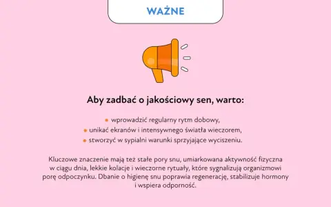 Grafika z megafonem i tekstem o higienie snu. Kluczowe dla regeneracji i odporności są stałe pory snu, by uniknąć problemów z drzemką.