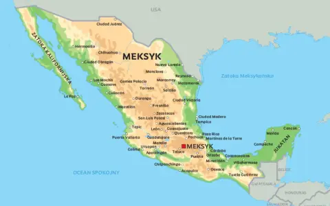 Mapa Meksyku z zaznaczonymi miastami, Zatoką Kalifornijską i Meksykańską.
