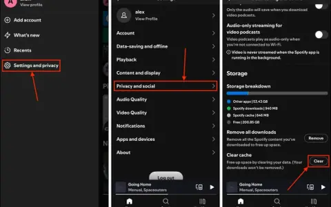 Steg-för-steg-guide för hur man tar bort en app från Spotify: Gå till Inställningar och integritet, sedan Integritet och socialt, och slutligen Rensa cache för att frigöra utrymme.