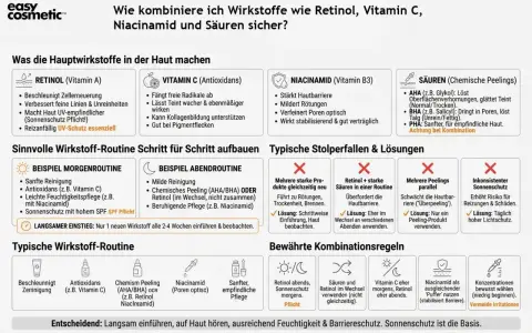 Infografik erklärt, wie man Retinol, Vitamin C und Niacinamid sicher kombiniert. Zeigt Vorteile und Anwendungsregeln für eine gesunde Haut.