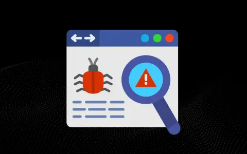 Grafika przedstawia okno przeglądarki z ikoną robaka i lupą wskazującą na ostrzeżenie. To wizualizacja problemu: malware co to jest i jak go wykryć.