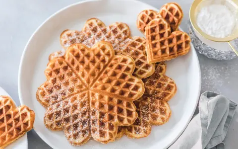 Herzförmige Waffeln mit Puderzucker bestäubt, ein Genuss für Kinder.