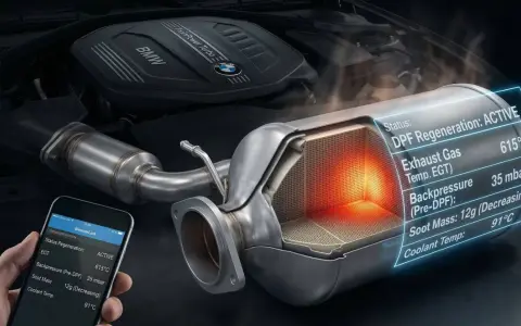Silnik BMW TwinPower Turbo z aktywną regeneracją DPF. Na ekranie telefonu dane o temperaturze spalin i masie sadzy.