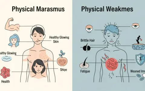 Ilustracja porównuje zdrowie fizyczne z marazmem, pokazując objawy takie jak osłabienie, łamliwe włosy i zmęczenie.