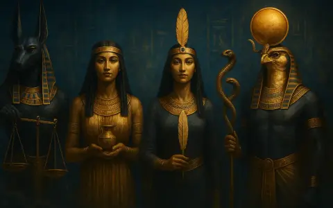 Postacie z mitologii egipskiej: Anubis z wagą, dwie kobiety, jedna z dzbanem, druga z piórem, oraz Horus z dyskiem słonecznym.