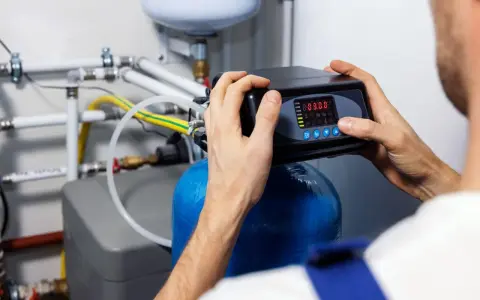 Un technicien ajuste un adoucisseur d'eau pour lutter contre la dureté de l'eau à Lille.