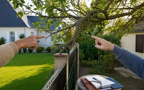Deux voisins se disputent, pointant du doigt une branche d'arbre qui dépasse. Mon voisin refuse de couper ses branches.