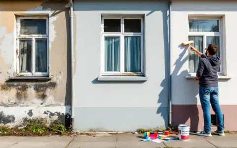 Un homme rénove une façade, appliquant un nouvel enduit soubassement. Des échantillons de couleurs et un pot de peinture sont prêts.