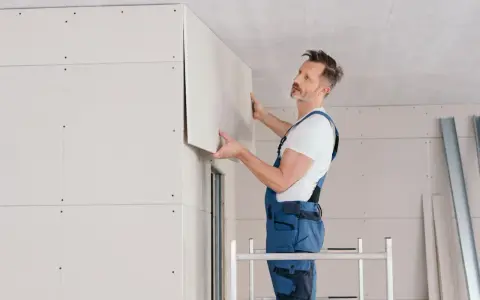 Handwerker montiert Kalziumsilikatplatten an der Decke. Mögliche Nachteile: Staubentwicklung und Bruchgefahr bei unsachgemäßer Handhabung.