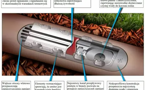 Schemat budowy emiterów do nawadniania kropelkowego. Pokazuje, jak zrobić nawadnianie kropelkowe z samoczyszczącą konstrukcją.