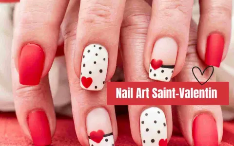 Manucure festive pour la Saint-Valentin : ongles rouges unis et ongles blancs à pois noirs et cœurs rouges.