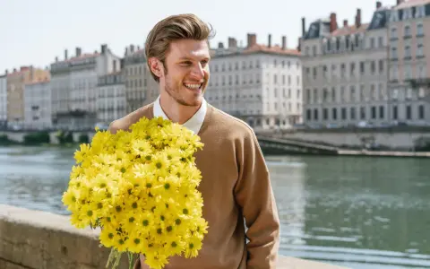 Hombre sonriente con un gran ramo de flores amarillas, quizás buscando el significado de flores para hombres.
