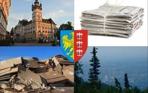 Stos makulatury, stos kartonów, herb miasta i widok na panoramę. Sprawdź, jaka jest aktualna makulatura cena.