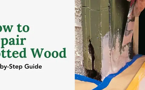 A close-up shows a person applying wood filler to a damaged, green-painted corner, illustrating wood siding repair.