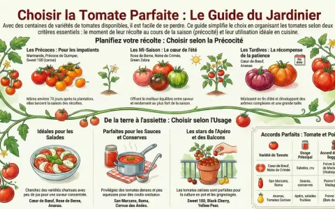 Guide du jardinier pour choisir la tomate parfaite, planifiez votre récolte et découvrez les variétés idéales pour salades, sauces, apéros et plus.