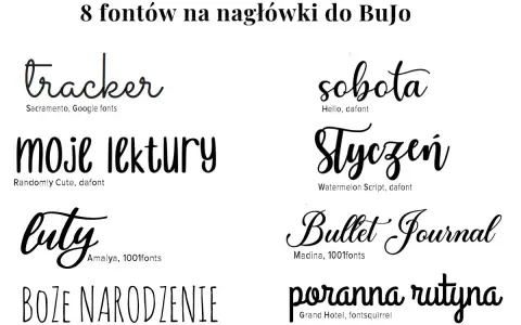 8 fontów do BuJo: tracker, moje lektury, buty, Boże Narodzenie, sobota, Styczeń, Bullet Journal, poranna rutyna. Różnorodne **kaligraficzne pismo** i inne style.