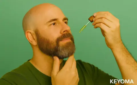 Hombre calvo con barba hipster, aplicando aceite con un gotero.