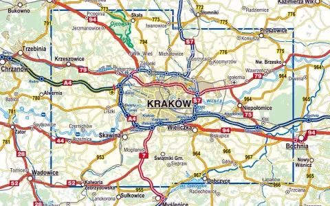 Mapa pokazuje Kraków i okoliczne miejscowości, takie jak Olkusz, Trzebinia, Alwernia, Skawina, Wieliczka, Niepołomice, Bochnia, Myślenice.