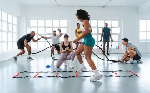 Gruppe trainiert mit Seilen und Leiter. Ein Mann erklärt den **hiit laufen plan**.