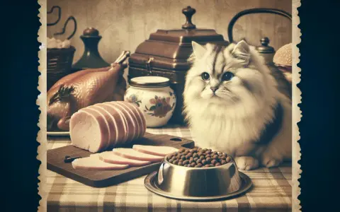 Puszysty kot patrzy na szynkę i miskę z karmą. Czy kot może jeść szynkę?