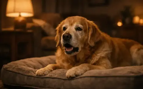 Un vieux chien golden retriever, allongé sur son coussin, semble avoir un **chien qui tousse**. La lumière tamisée d'une lampe crée une atmosphère chaleureuse.