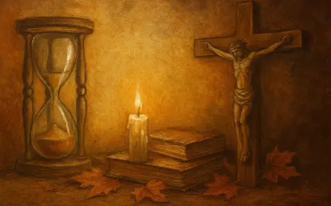 Klepsydra, płonąca świeca, księgi i krzyż symbolizują przemijanie. Jesienne liście podkreślają ulotność chwili.
