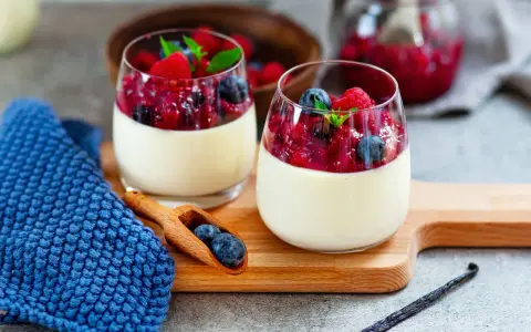 Zwei Gläser mit cremigem Panna Cotta, garniert mit Beeren und Minze. Ein köstliches Rezept für original italienische Panna Cotta.