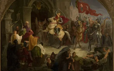 Bolesław Chrobry na koniu, w koronie i czerwonym płaszczu, z mieczem wzniesionym ku górze, w otoczeniu rycerzy i ludu.