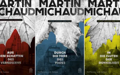 Drei Buchcover von Martin Michaud mit stilisierten Blättern und Stadtansichten in Rot, Blau und Gelb.