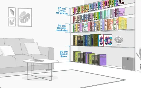 Illustration montrant comment fabriquer une bibliothèque pour livres de poche, avec des étagères de différentes hauteurs pour livres de poche, BD et beaux livres.