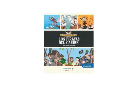 Ilustración de "Los Piratas del Caribe" con escenas animadas y texto que indica "piratas del caribe edad recomendada".