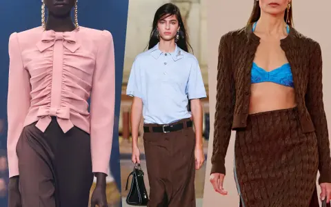 Modelli in passerella con abbinamento rosa e marrone: un top con fiocco e pantaloni, una polo con gonna, e un cardigan con gonna.