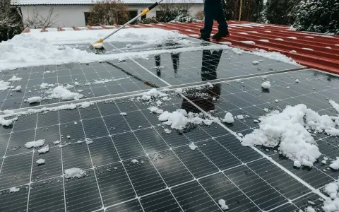 Osoba odśnieża panele fotowoltaiczne na dachu, usuwając śnieg za pomocą szczotki.