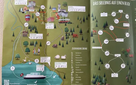 Entdecke, was man am Bodensee machen kann: eine Karte mit Routen, Zügen, Schiffen und Wanderwegen.