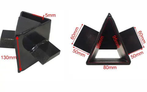 Czarny, metalowy klin do łuparki, z wymiarami 130mm, 95mm, 80mm, 60mm i 50mm.